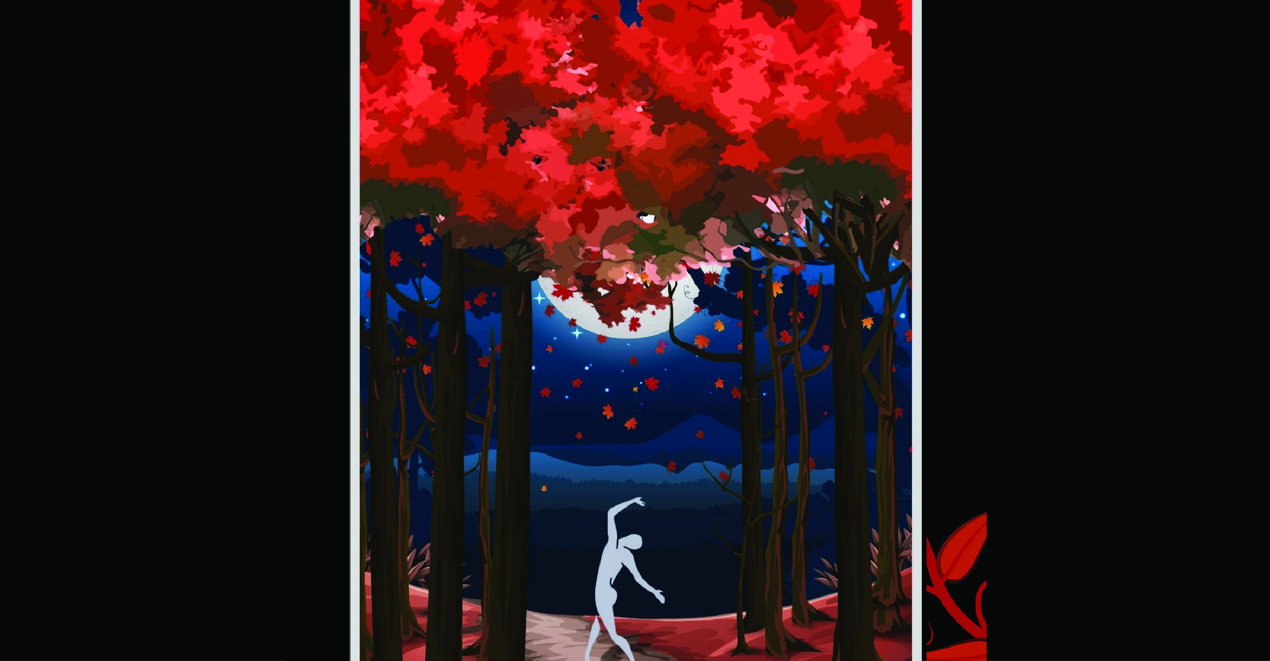 Silhouette of a person in white on a hill under trees with red leaves in front of a blue sky and white full moon.